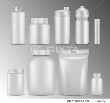 Realistic protein powder container mockup - white plastic jar without a  label, Stock vector