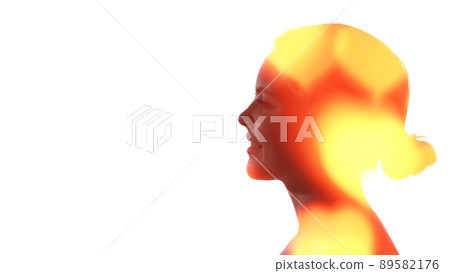 Love inspiration. Romantic dream. Affection admiration. Double exposure profile silhouette of happy smiling girl face in red yellow bokeh hearts glow isolated on white copy space. Love inspiration. Romantic dream. Affection admiration. Double exposure profile silhouette of happy smiling girl face in red yellow bokeh hearts glow isolated on white copy space. 89582176
