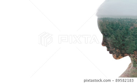 Ecology problem. Air pollution. Environmental crisis. Double exposure portrait of sad disappointed woman face with areal shot forest skyline isolated on white empty space. Ecology problem. Air pollution. Environmental crisis. Double exposure portrait of sad disappointed woman face with areal shot forest skyline isolated on white empty space. 89582183