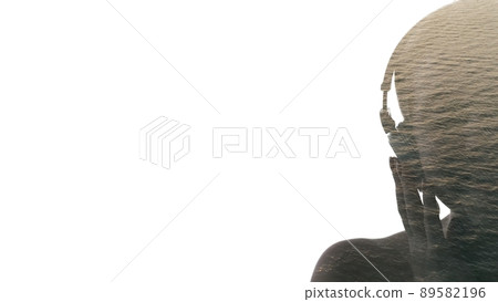 Sound pleasure. Music therapy. Nature vibe. Double exposure half face portrait of happy woman in headphones enjoying listening to calming sea waves isolated on white empty space. Sound pleasure. Music therapy. Nature vibe. Double exposure half face portrait of happy woman in headphones enjoying listening to calming sea waves isolated on white empty space. 89582196