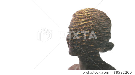 Dream recreation. Nature meditation. Spa therapy. Double exposure silhouette of relaxed happy smiling girl face with sunset sea water waves isolated on white copy space. 89582200