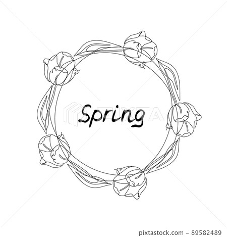 One line tulip flowers wreath with text Spring. 89582489