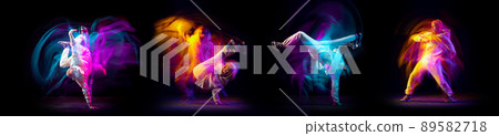 Collage of images of young man, hip-hop and breakdance dancer dancing on dark background with mixed neon light. Youth culture, style and fashion, action. 89582718