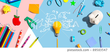 Brainstorming concept with a light bulb and school supplies Brainstorming concept with a light bulb and school supplies 89583547