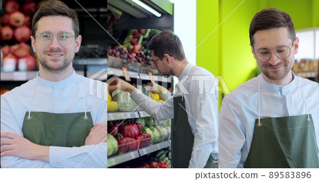 Multiscreen on portrait of happy man worker in glasses wearing apron standing in supermarket. Handsome male arranging fruits on shelf. Cashier scanning goods at checkout. Multiscreen on portrait of happy man worker in glasses wearing apron standing in supermarket. Handsome male arranging fruits on shelf. Cashier scanning goods at checkout. 89583896