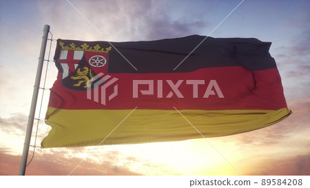 Rhineland-Palatinate flag, Germany, waving in the wind, sky and sun background. 3d rendering 89584208