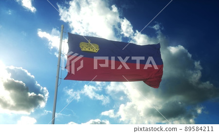 Flag of Liechtenstein waving at wind against beautiful blue sky. 3d rendering Flag of Liechtenstein waving at wind against beautiful blue sky. 3d rendering 89584211