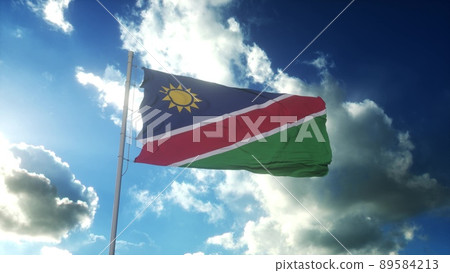 Flag of Namibia waving at wind against beautiful blue sky. 3d rendering Flag of Namibia waving at wind against beautiful blue sky. 3d rendering 89584213