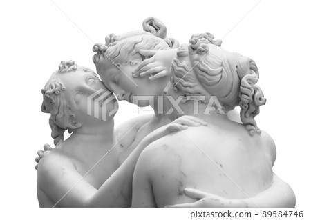 The Three Graces, Le tre Grazie. Neoclassical sculpture, in marble, of the mythological three charites isolated on white background with clipping path The Three Graces, Le tre Grazie. Neoclassical sculpture, in marble, of the mythological three charites isolated on white background with clipping path 89584746