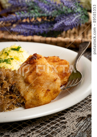 Fried cod fillet . Fried cod fillet . 89585353