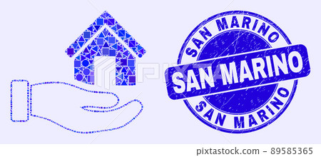 Blue Scratched San Marino Stamp Seal and Hand Offer House Mosaic 89585365