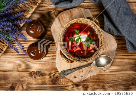 Traditional Ukrainian borscht with cream. 89585680