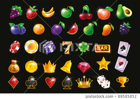 Casino slot game vector icon set, gambling machine UI badge kit, golden award crown, glossy fruit. Casino slot game vector icon set, gambling machine UI badge kit, golden award crown, glossy fruit. 89585852
