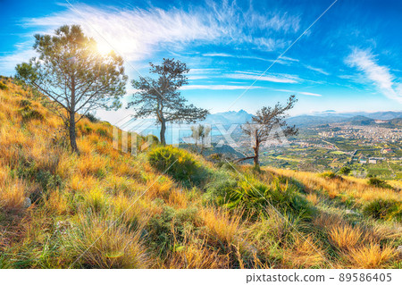 Gorgeous morning view of Bagheria town and national park Orientata Pizzo Cane. 89586405