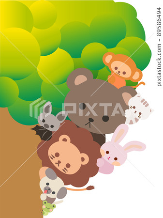 Cute cartoon animals hiding behind the tree. Playing hide and seek. Cartoon animal character. Illustration, Vector, EPS10 89586494