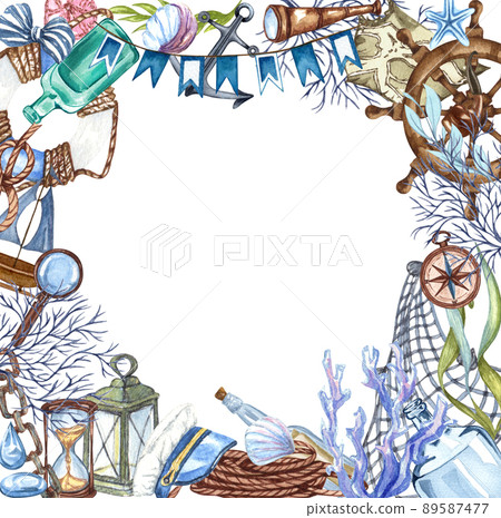 Watercolor nautical, marine frame with lighthouse, lifebuoy, anchor, steering wheel, boat and compass. Nautical background Watercolor nautical, marine frame with lighthouse, lifebuoy, anchor, steering wheel, boat and compass. Nautical background 89587477