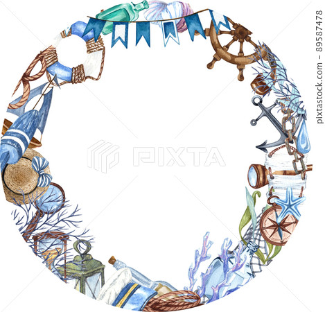 Watercolor nautical, marine frame with lighthouse, lifebuoy, anchor, steering wheel, boat and compass. Nautical background Watercolor nautical, marine frame with lighthouse, lifebuoy, anchor, steering wheel, boat and compass. Nautical background 89587478