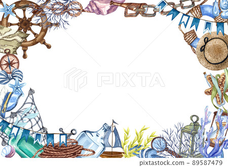 Watercolor nautical, marine frame with lighthouse, lifebuoy, anchor, steering wheel, boat and compass. Nautical background Watercolor nautical, marine frame with lighthouse, lifebuoy, anchor, steering wheel, boat and compass. Nautical background 89587479