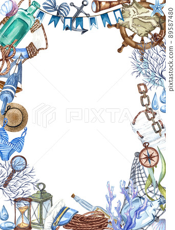 Watercolor nautical, marine frame with lighthouse, lifebuoy, anchor, steering wheel, boat and compass. Nautical background 89587480