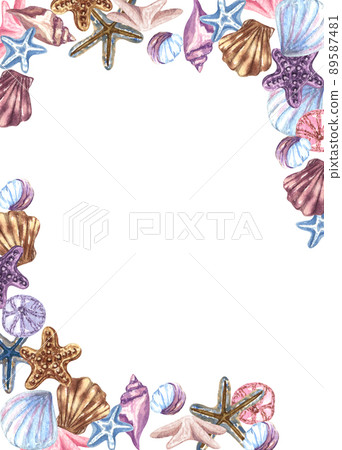Watercolor nautical, marine frame with lighthouse, lifebuoy, anchor, steering wheel, boat and compass. Nautical background Watercolor nautical, marine frame with lighthouse, lifebuoy, anchor, steering wheel, boat and compass. Nautical background 89587481