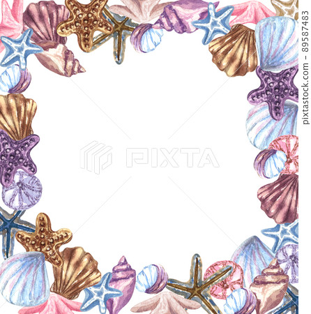 Watercolor nautical, marine frame with lighthouse, anchor, steering wheel, boat and compass. Nautical background 89587483