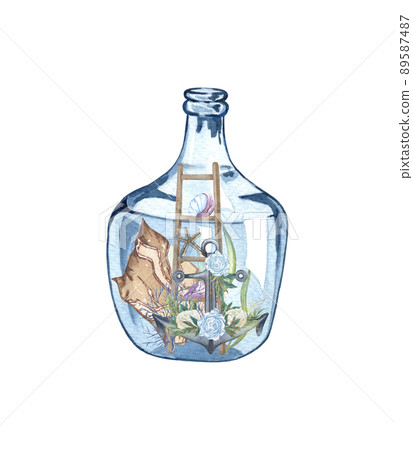 Watercolor hand drawn nautical, marine illustration with sea glass, boat and corals, sheels. Nautical composition in a bottle Watercolor hand drawn nautical, marine illustration with sea glass, boat and corals, sheels. Nautical composition in a bottle 89587487