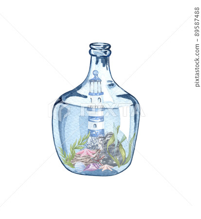 Watercolor hand drawn nautical, marine illustration with sea glass, boat and corals, sheels. Nautical composition in a bottle 89587488