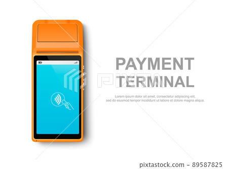 Vector Realistic Orange 3d Touch NFC Mobile Payment Machine. POS Terminal Closeup Isolated on White. Design Template of Bank Payment Wireless Contactless Terminal, Mockup. Payments device. Top View Vector Realistic Orange 3d Touch NFC Mobile Payment Machine. POS Terminal Closeup Isolated on White. Design Template of Bank Payment Wireless Contactless Terminal, Mockup. Payments device. Top View 89587825