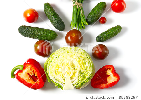 Colorful salad ingredients pattern made of cherry tomatoes, tomatoes, rosemary, cucumber, onion, chilli pepper, Garden radish and paprika on white background. Cooking concept. Colorful salad ingredients pattern made of cherry tomatoes, tomatoes, rosemary, cucumber, onion, chilli pepper, Garden radish and paprika on white background. Cooking concept. 89588267
