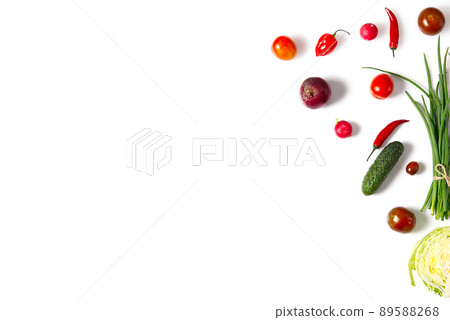 Colorful salad ingredients pattern made of cherry tomatoes, tomatoes, rosemary, cucumber, onion, chilli pepper, Garden radish and paprika on white background. Cooking concept. Colorful salad ingredients pattern made of cherry tomatoes, tomatoes, rosemary, cucumber, onion, chilli pepper, Garden radish and paprika on white background. Cooking concept. 89588268