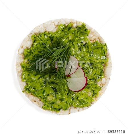 healfy food rice cake sandwich isolated on white background. Rice cakes with avocado, radish, dill 89588336