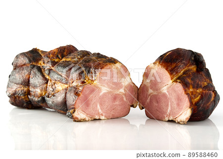 Smoked pork ham in a grid on a white background Smoked pork ham in a grid on a white background 89588460