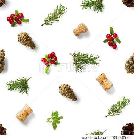 christmas seamless patterns with Pine cones wine cork and lingonberry. pattern christmas seamless on a white backdrop. Realistic photo collage. 89588534