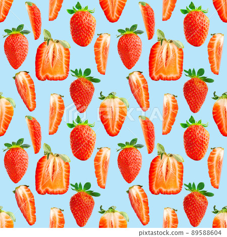 Strawberry seamless pattern. Ripe strawberries isolated on blue. package design background. 89588604
