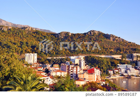 Montenegro Adriatic Sea Rias Coast Resort The city of Budva illuminated by the setting sun 89589187