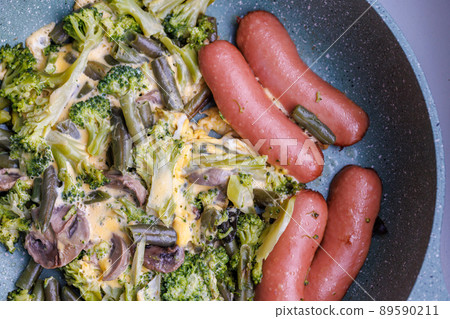 fried sausages and vegetables with mushrooms and chicken egg on skillet fried sausages and vegetables with mushrooms and chicken egg on skillet 89590211