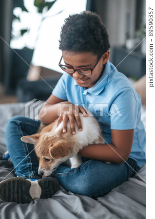 A cute teen playing with his corgi puppy on bed 89590357