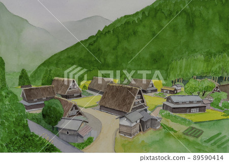 Watercolor painting of Suganuma Gassho-zukuri village seen from Suganuma Observatory in Toyama Prefecture Watercolor painting of Suganuma Gassho-zukuri village seen from Suganuma Observatory in Toyama Prefecture 89590414