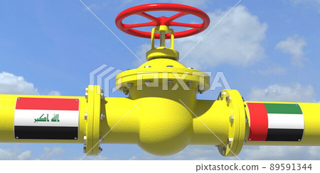 IRAQ UAE gas or oil transit concept. Pipe with valve, 3D rendering IRAQ UAE gas or oil transit concept. Pipe with valve, 3D rendering 89591344