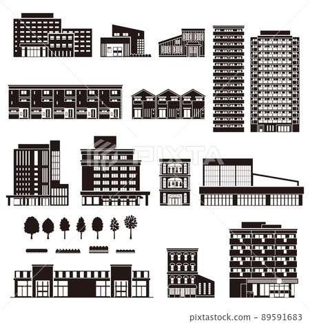 各種建築物的矢量插圖。建築物的外部。建築物的輪廓。 89591683