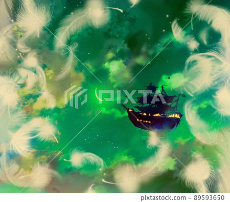 Illustration of a pirate ship with white angel wings fluffy and fluffy with a background of clouds, space and the night sky of the moon Illustration of a pirate ship with white angel wings fluffy and fluffy with a background of clouds, space and the night sky of the moon 89593650