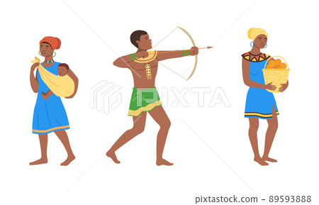 Barefoot African Aboriginal Man and Woman Character Dressed in Traditional Tribal Clothing with Bow and Carrying Baby Vector Illustration Set 89593888