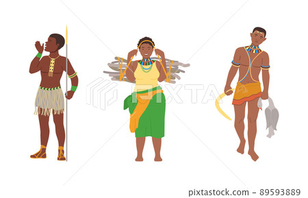 Barefoot African Aboriginal Man and Woman Character Dressed in Traditional Tribal Clothing with Spear and Carrying Brushwood Vector Illustration Set 89593889