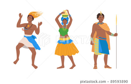 Barefoot African Aboriginal Man and Woman Character Dressed in Traditional Tribal Clothing with Spear and Carrying Vase Vector Illustration Set 89593890