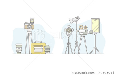 Cinema and photographic equipment set. Movie and photo cameras on tripod, searchlight, reflector vector illustration Cinema and photographic equipment set. Movie and photo cameras on tripod, searchlight, reflector vector illustration 89593941