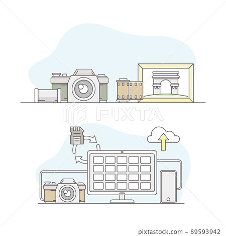 Photographic equipment set. Film, laptop computer and camera vector illustration Photographic equipment set. Film, laptop computer and camera vector illustration 89593942