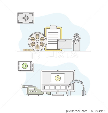 Cinema and photographic equipment set. Movie camera, computer, headphones vector illustration Cinema and photographic equipment set. Movie camera, computer, headphones vector illustration 89593943