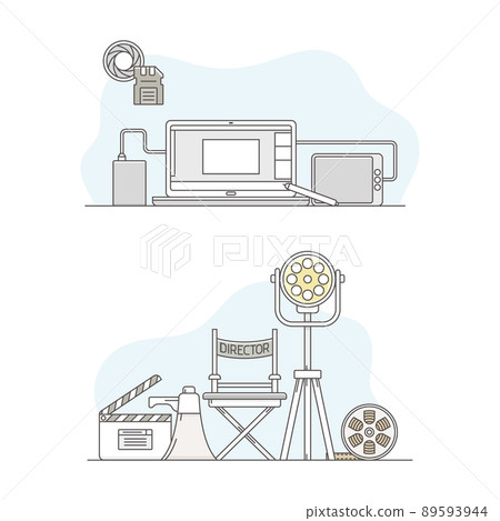 Cinema movie objects set. Director chair, film reel, searchlight, clapperboard and laptop computer vector illustration 89593944