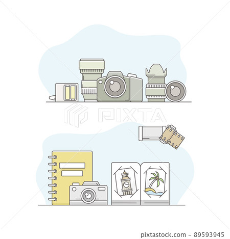 Photographic equipment set. Professional cameras and photo prints vector illustration Photographic equipment set. Professional cameras and photo prints vector illustration 89593945
