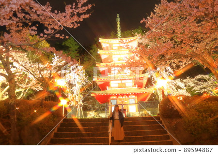 一個女人獨自旅行看五層塔和夜裡的櫻花 89594887
